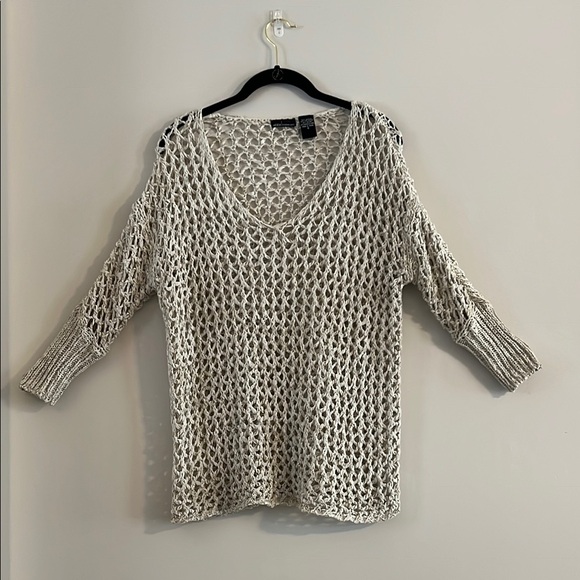 Moda International Open-Knit V-Neck Crochet Sweater in Cream Size S - Picture 1 of 10